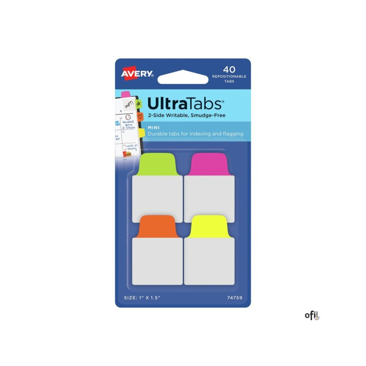 Ultra Tabs - samoprzylepne zakładki indeksujące, kolorowe, neonowe, 25,4x38, 40 szt., Avery Zweckform 74759