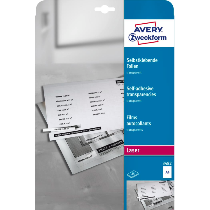 Przezroczyste folie samoprzylepne 3482 A4, 25ark powlekane, grubość 0,14 mm, Avery Zweckform
