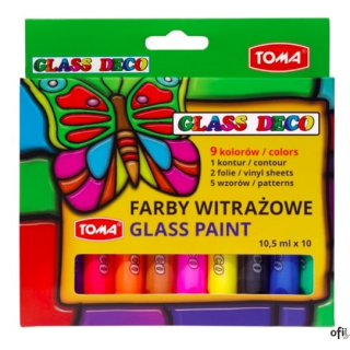 Farby witrażowe GLASS PAINT - 9 kolorów + konturówka + folie mix TO-750 Toma