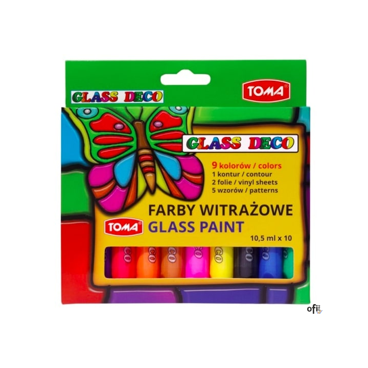 Farby witrażowe GLASS PAINT - 9 kolorów + konturówka + folie mix TO-750 Toma
