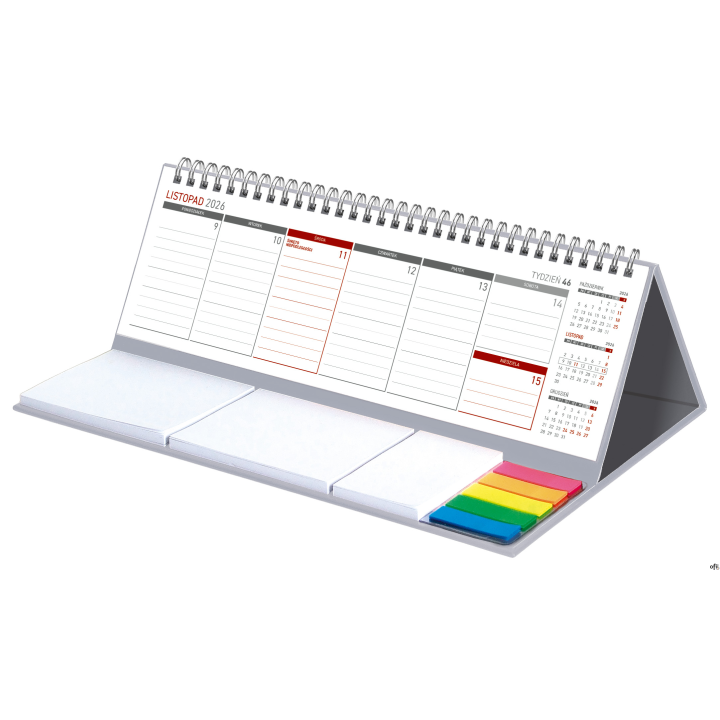 ilość stron - 54papier - biały 70g/m2wymiar&nbsp; - 309 x 99 mmpodstawa - tektura 2 mmspirala&nbsp;kalendarium PL 2026miesiąc bieżący, pop