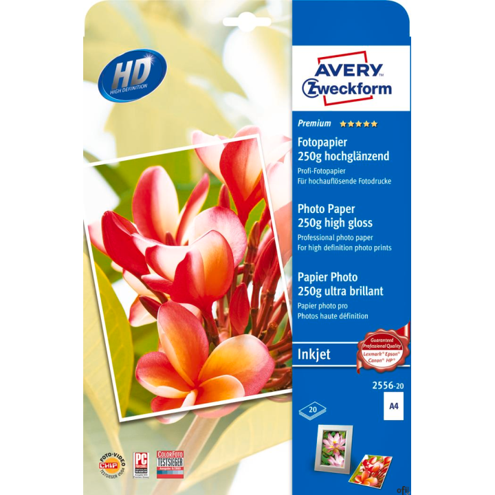 Papier foto wysokobłyszczący 2556-20 A4 20 ark. Premium, biały, 250g, Avery Zweckform (X)