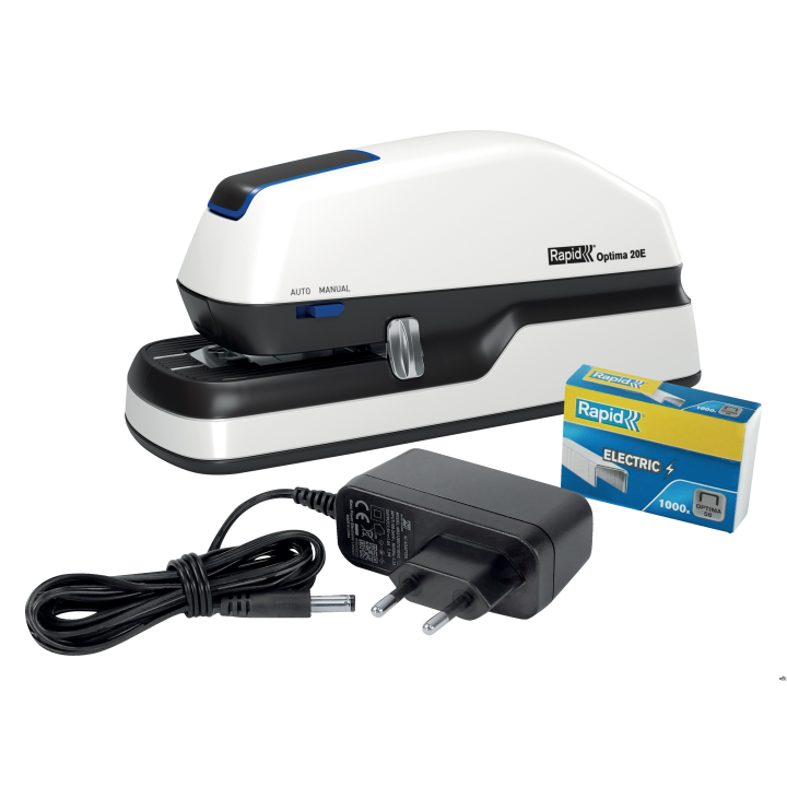 Zszywacz elektryczny Rapid Optima 20E, do 20 kartek, na baterię lub zasilacz, biały, 2102351