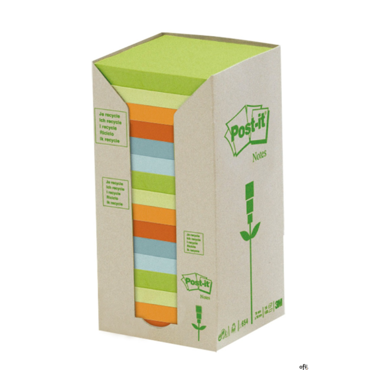 Bloczek samoprzylepny ekologiczny POST-IT_ (654-1RPT), 76x76mm, 16x100 kart., pastelowy