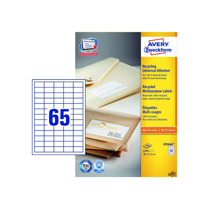 Trwałe recyklingowane etykiety uniwersalne, A4, 100 ark./op., 38 x 21,2 mm, białe, AVERY ZWECKFORM, LR3666