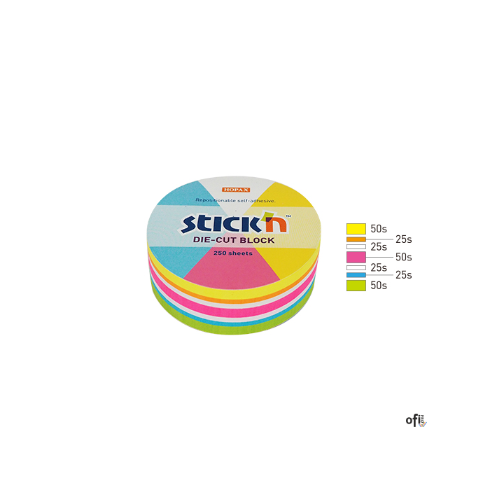 Notes koło, 67x67mm, mix 5 kol. neon+biały, 250kart. Stickn 21830