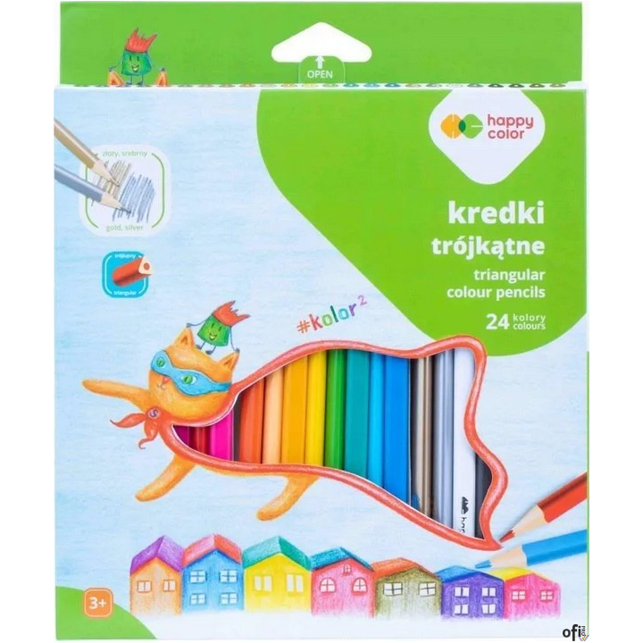Kredki drewniane, szkolne, trójkątne, 24 kol. KOLOR2, Happy Color