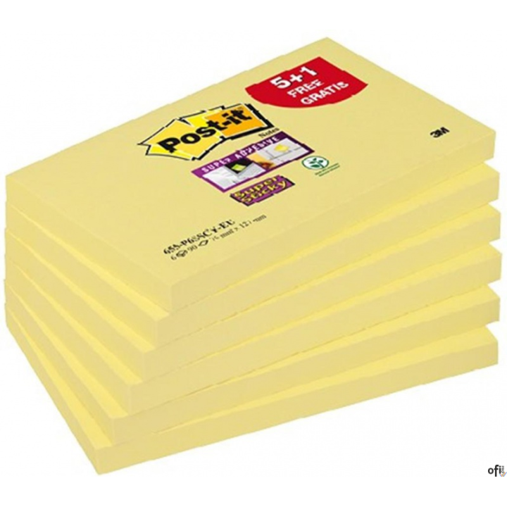 Bloczek samoprzylepny POST-IT_ Super Sticky (655-P6SSCY-EU), 127x76xmm, 5+1x90 kart., żółty, 1 bloczek GRATIS