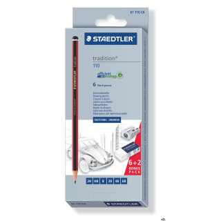 Zestaw ołówków tradition, 6 szt. (2H, HB, B, 2B, 4B, 6B), + gumka + temperówka, Staedtler S 61 110 C6