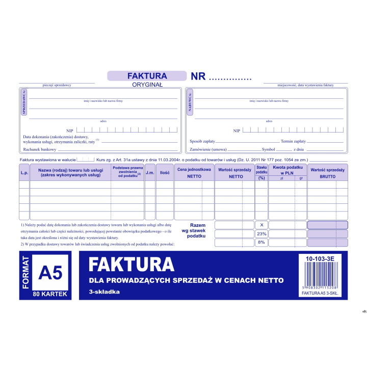 Faktura VAT netto (pełna), A5 __ jednostka sprzedaży 1 sztuka