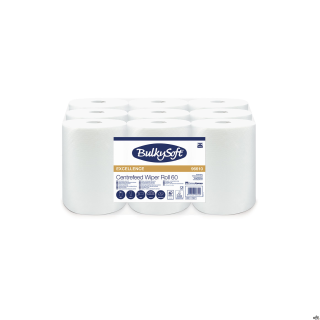 Ręcznik papierowy w roli centralnego dozowania mini BulkySoft Premiumm, 2 warstwy, kolor biały, celuloza, długość 60m, 9 rolek/o