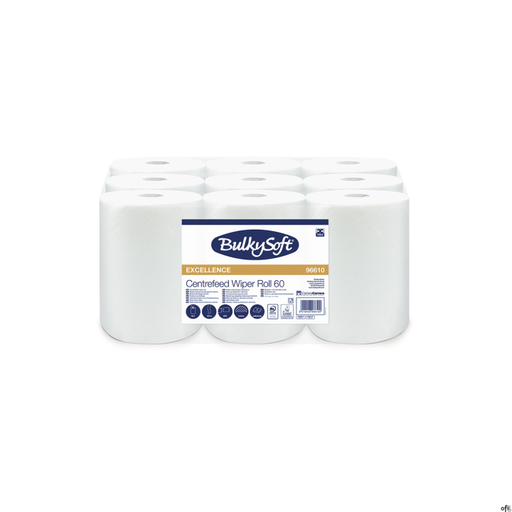 Ręcznik papierowy w roli centralnego dozowania mini BulkySoft Premiumm, 2 warstwy, kolor biały, celuloza, długość 60m, 9 rolek/o