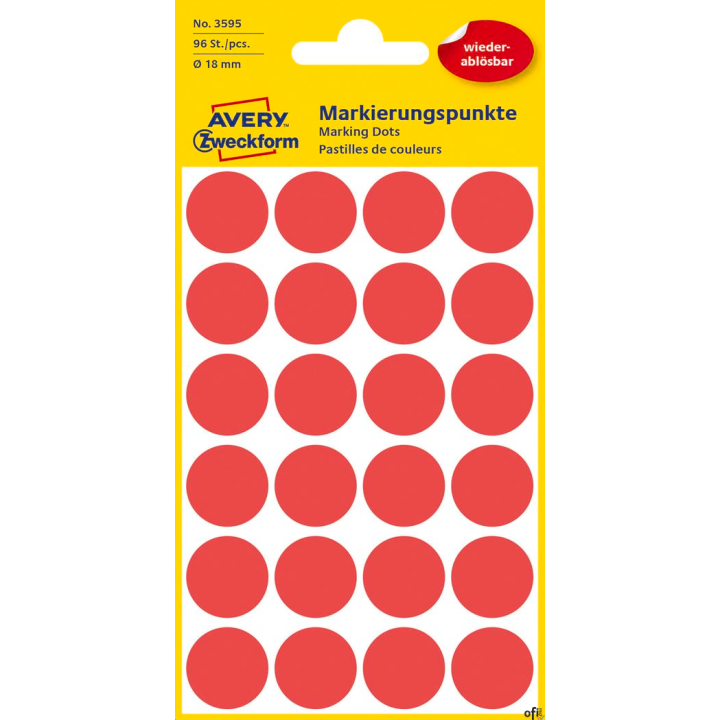 Kółka do zaznaczania czerwone Q18 4 ark Usuwalne, Avery Zweckform 3595
