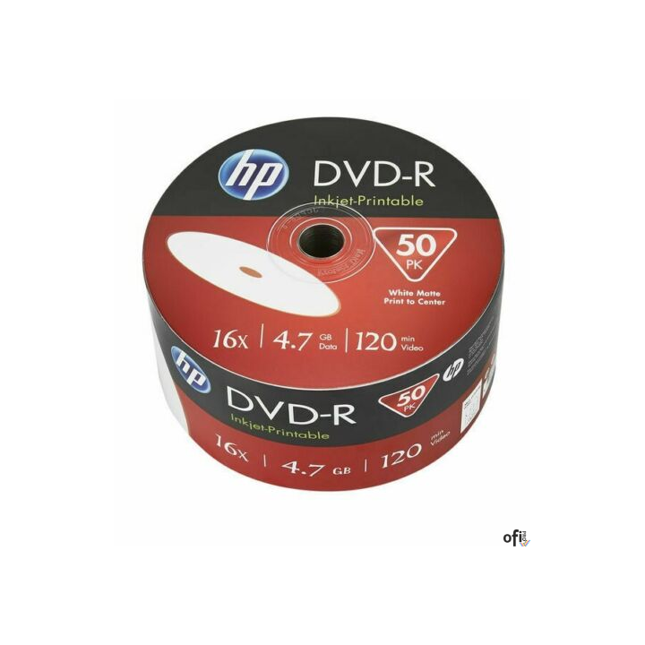 Płyta HP DVD-R 4.7GB 16x (50szt) SPINDEL, bulk WHITE INKJET PRINTABLE do nadruku DME00070WIP