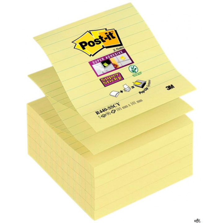 Karteczki samoprzylepne POST-IT_ Super Sticky Z-Notes XL w linię (R440-SSCY), 101x101mm, 5x90 kart., żółte