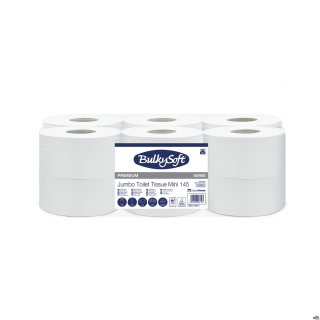 Papier toaletowy jumbo mini BulkySoft Premium, 2 warstwy, kolor biały, celuloza, długość 145m, 12 rolek/opNumer artykułu: 65908B