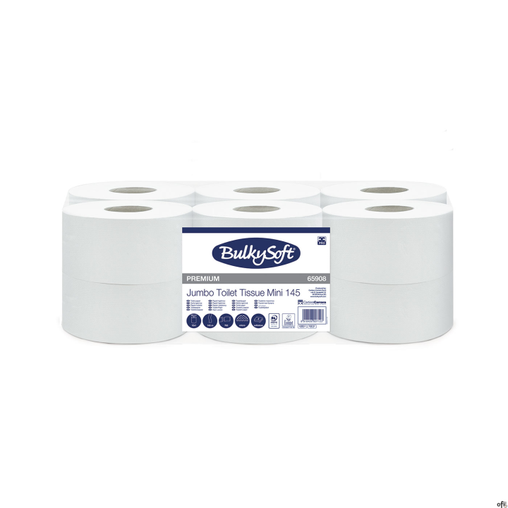 Papier toaletowy jumbo mini BulkySoft Premium, 2 warstwy, kolor biały, celuloza, długość 145m, 12 rolek/opNumer artykułu: 65908B