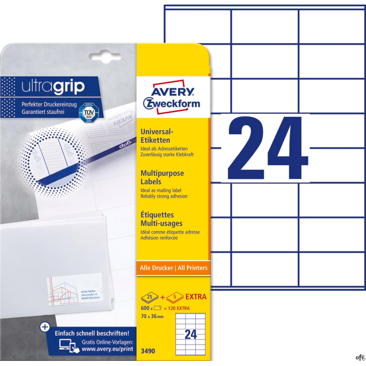 Trwałe etykiety uniwersalne 3490 70 x 36 30 ark Avery Zweckform