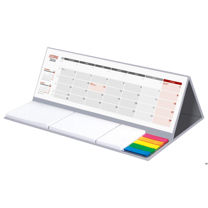 ilość stron - 12papier - biały 70g/m2wymiar&nbsp; - 309 x 99 mmpodstawa - tektura 2 mmkalendarium PL 2026miesiąc bieżący, poprzedni i