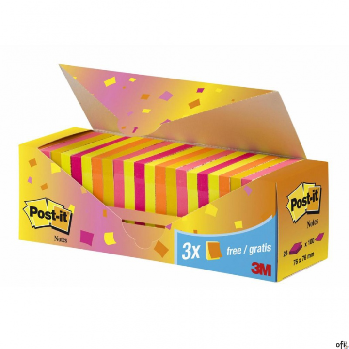 Bloczek samoprzylepny POST-IT_ (654-NP24), 76x76mm, 21+3x100 kart., mix kolorów, 3 bloczki GRATIS