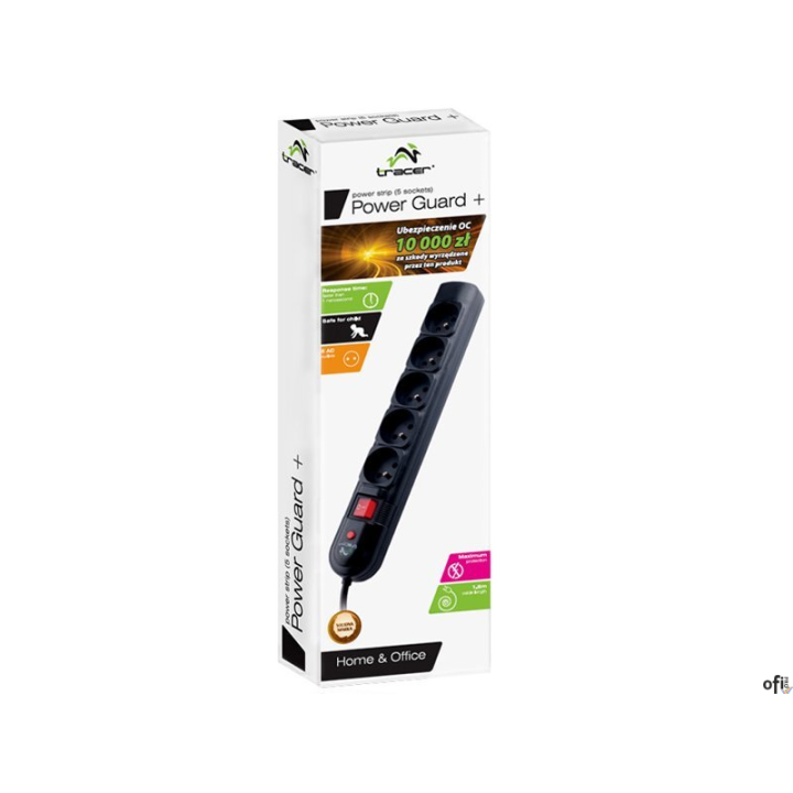 Listwa TRACER PowerGuard + Black (5 gniazd)_- listwa zasilająca z podświetlanym wyłącznikiem, zabezpieczająca sprzęt elektronicz