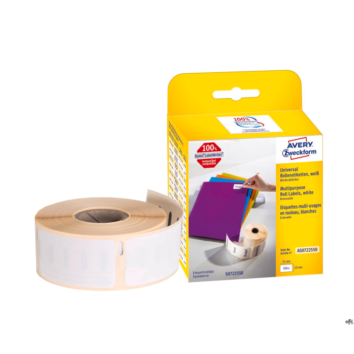 Etykiety uniwersalne AS0722550 19x51 500et. w rolce do termodruku, usuwalne, białe, Avery Zweckform