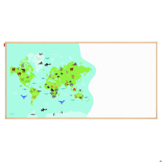 Tablica edukacyjna MemoBe, WHITEBOARDGAME: Animal adventure!, nadruk MAPA ŚWIATA ZE ZWIERZĘTAMI, rama drewniana, PL, 200x100 cm 