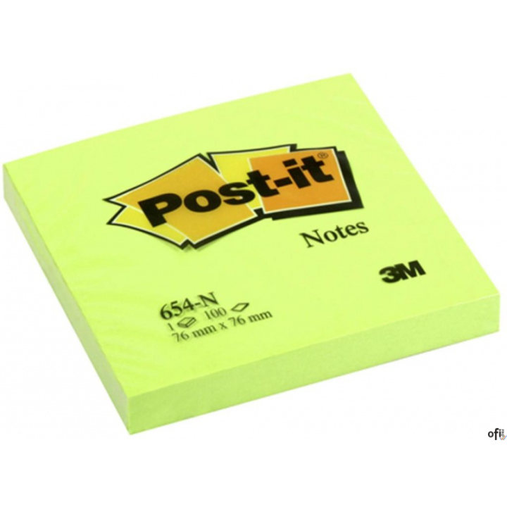 Bloczek samoprzylepny POST-IT_ (654N), 76x76mm, 1x100 kart., jaskrawy zielony