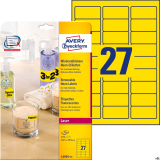 Etykiety żółte neonowe L6004-25 63,5x29,6 25 ark Usuwalne, Avery Zweckform