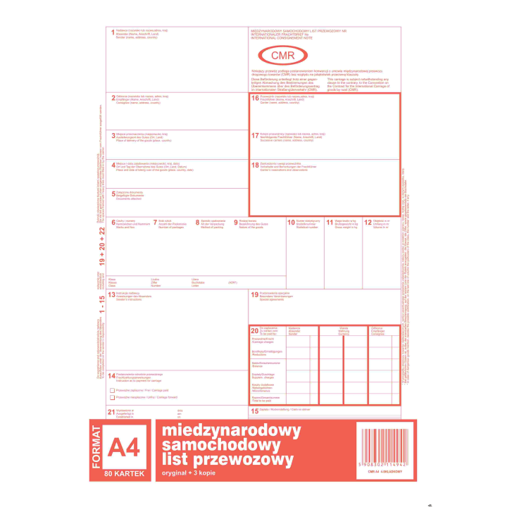 Międzynarodowy list przewozowy CMR, (1+3) A4 80 kartek, 10-800-1 DOTTS
