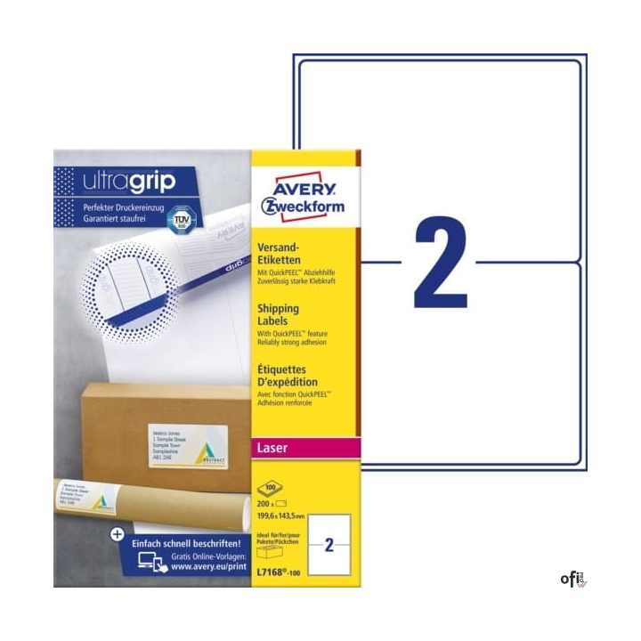 Recyklingowane etykiety wysyłkowe, A4, 100 ark./op., 199,6 x 143,5 mm, białe, AVERY ZWECKFORM, LR7168-100