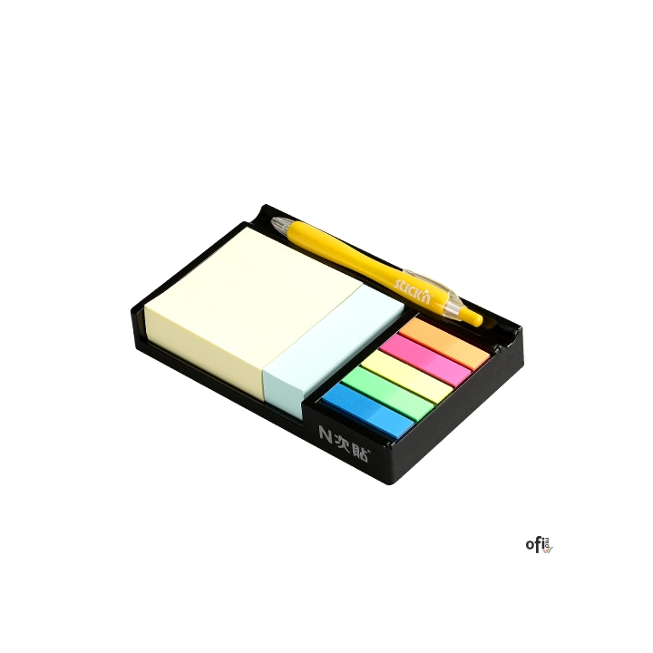 Mniejszy przybornik zawiera: notes 76x76mm, 400 karteczek - mix 3 kolorów oraz 380 zakładek indeksujących papierowych o wymiarac
