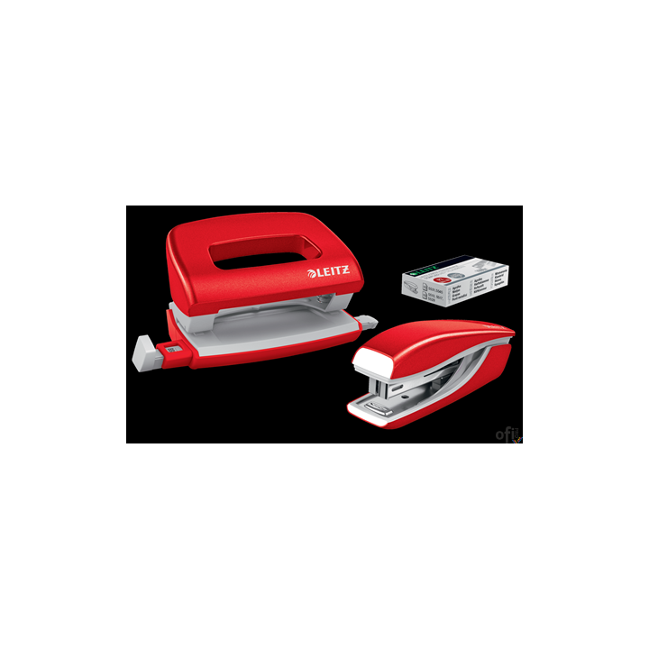 Zszywacz + dziurkacz metalowy Leitz Mini WOW, czerwony, 10 lat gwarancji, 10 kartek 55612026