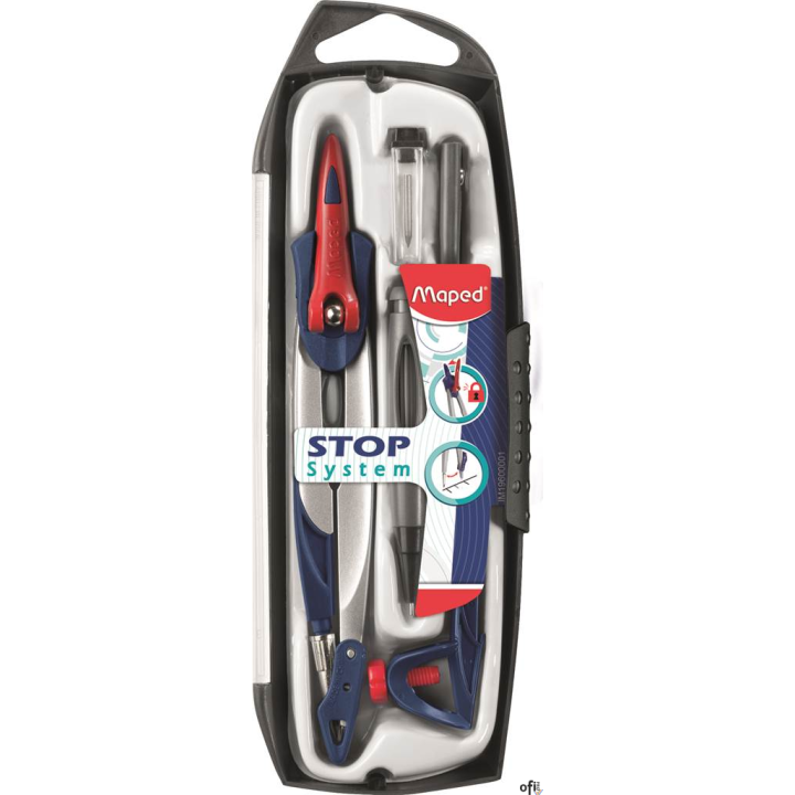 Metalowy cyrkiel z grafitową końcówką w plastikowym etui w zestawie z 4 elementami; uniwersalnym uchwytem na ołówek, zapasowym g