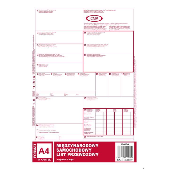 Międynarodowy list przewozowy CMR A4, 84 kartki (1+5) 10-800-3 DOTTS