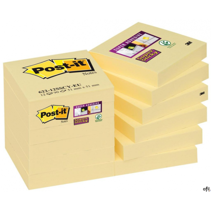 Bloczek samoprzylepny POST-IT_ Super Sticky (622-12SSCY-EU), 46,7x46,7 mm, 12x90 kart., żółty