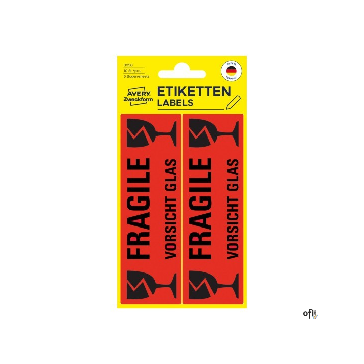 Etykiety informacyjne UWAGA SZKŁO, 10 etyk./op., 119 x 38 mm, czerwony odblaskowy, AVERY ZWECKFORM, 3050