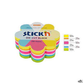 Notes kwiatek, 67x67mm, mix 5 kol. neon+biały, 250kart. Stickn 21833