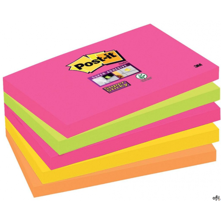 Bloczek samoprzylepny POST-IT Super Sticky (655S-N), 127x76mm, 5x90 kartek, neonowe