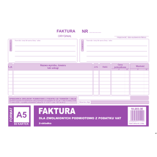 Faktura dla podatników zwolnionych z VAT A5, (o+1k) 80 kartek, 10-203-3E DOTTS