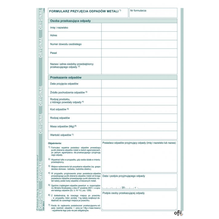 Formularz przyjęcia odpadów metali E03-3 A5 80 stron, MICHALCZYK&PROKOP