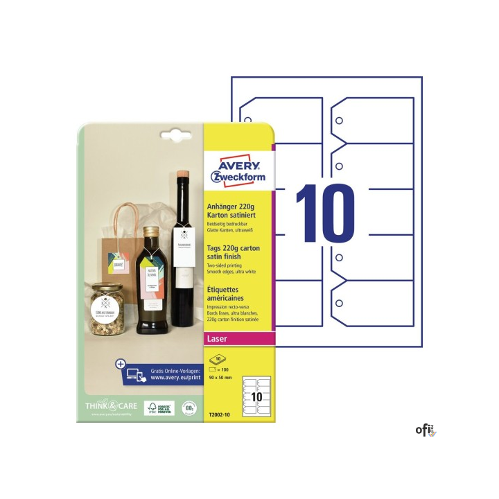 Zawieszki kartonowe Avery Zweckform, 220g, Quick&Clean, 90 x 50 mm, ścięte rogi, 10 ark. T2002-10