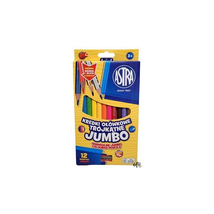 Kredki ołówkowe trójkątne jumbo Astra 12 kolorów + temperówka, 312023912