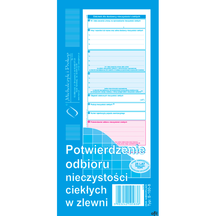 S-100-8 Potwierdzenie odbioru nieczystości ciekłych w zlewni MICHALCZYK I PROKOP SALE