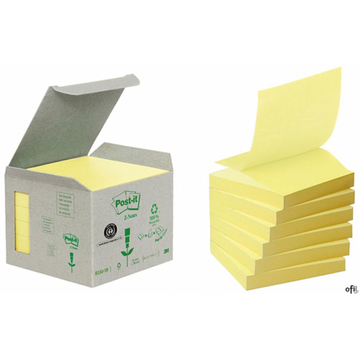 Ekologiczne karteczki samoprzylepne R330-1B Post-it_ Z-Notes z certyfikatem PEFC Recycled, Żółte, 76x76mm, 6 bloczków po 100 kar