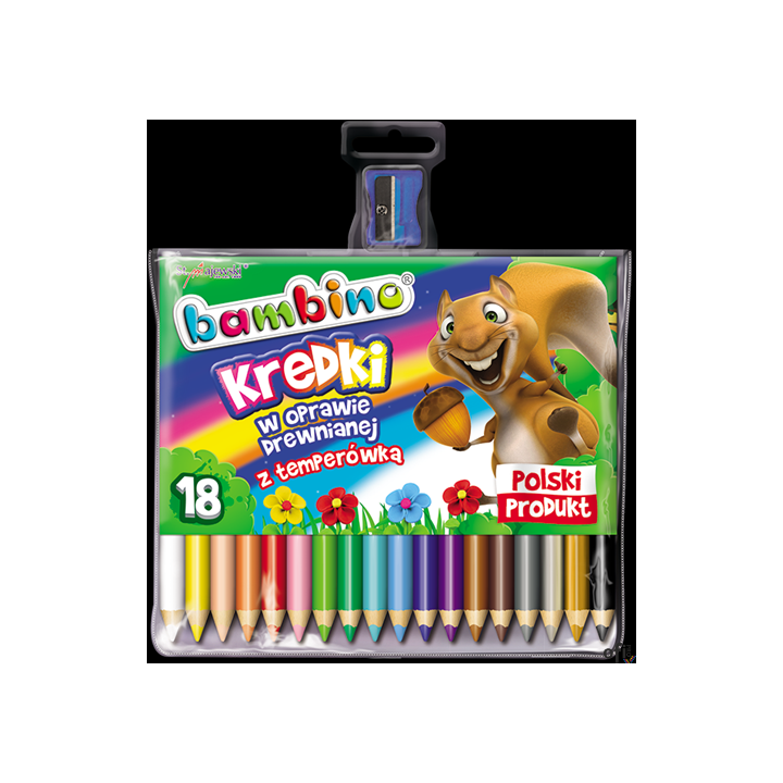 Kredki trójkątne BAMBINO 18 kolorów+temperówka w oprawie drewnianej