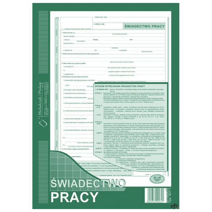 501-1 Świadectwo Pracy MICHALCZYK&PROKOP A4 40 kartek