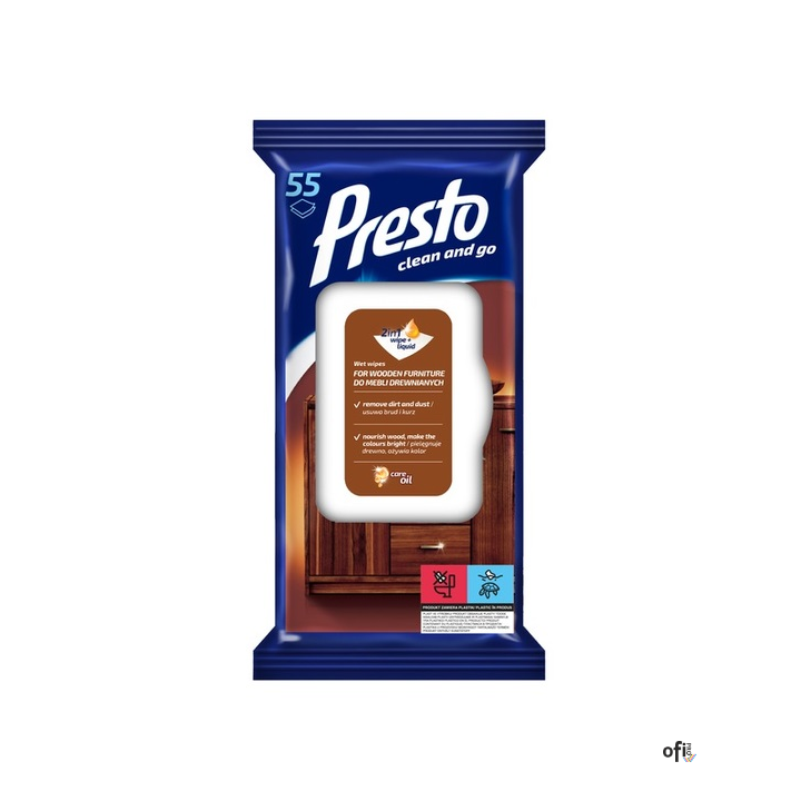 ściereczki nawilżane Presto do mebli drewnianych przeznaczone są do czyszczenia mebli drewnianych lakierowanych i z materiałów d
