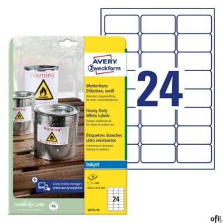 Etykiety Heavy Duty J4773-10 63,5 x 33,9 10ark Trwałe, poliestrowe, białe, Avery Zweckform