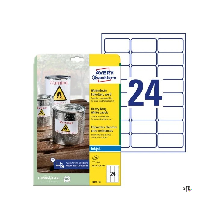 Etykiety Heavy Duty J4773-10 63,5 x 33,9 10ark Trwałe, poliestrowe, białe, Avery Zweckform